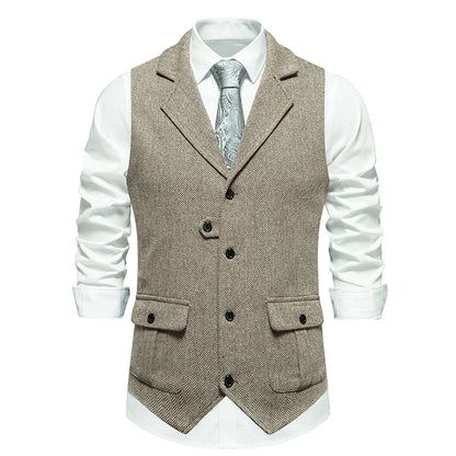 New Men's Retro Lapel Vest Herringbone Coarse Tweed Pockets Suit Vest British Casual Vintage Gentleman Leisure Party Bar Banquet