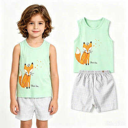 Summer Boys Clothing Sets Children's Sleeveless Cotton Clothes Kids Vest+Shorts 2pcs Boys Outfits Sportwear Cartoon Baby Sets