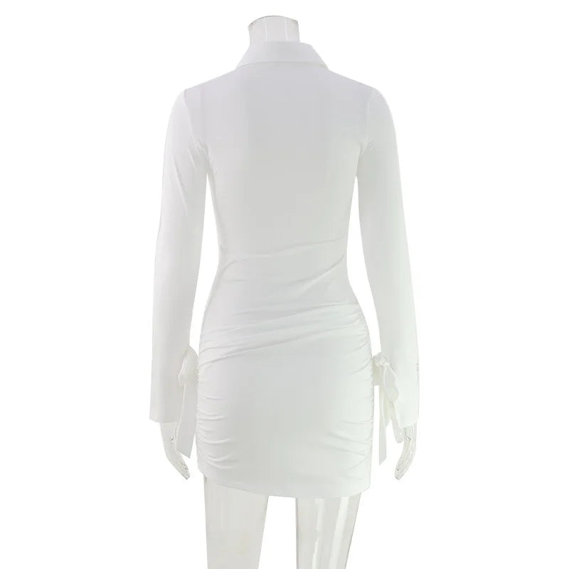 Fashion Hip Wrap Chic Bodycon Women Sexy Club  Vestidos Female Outfits Solid Button O Neck Sheath Laides Dresses Long Sleeve