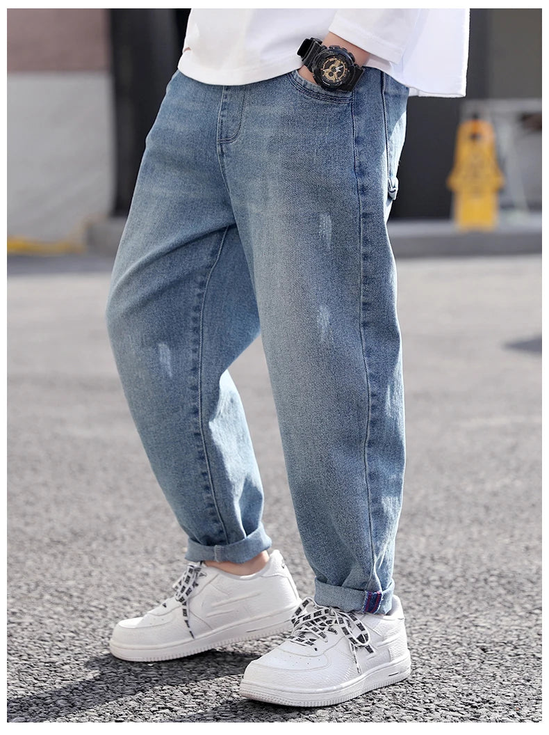 IENENS Spring Light Blue Children's Jeans Boy Denim Trousers Kids Clothes Baby Boys Elastic Waist Pants Slim Jeans For Boy