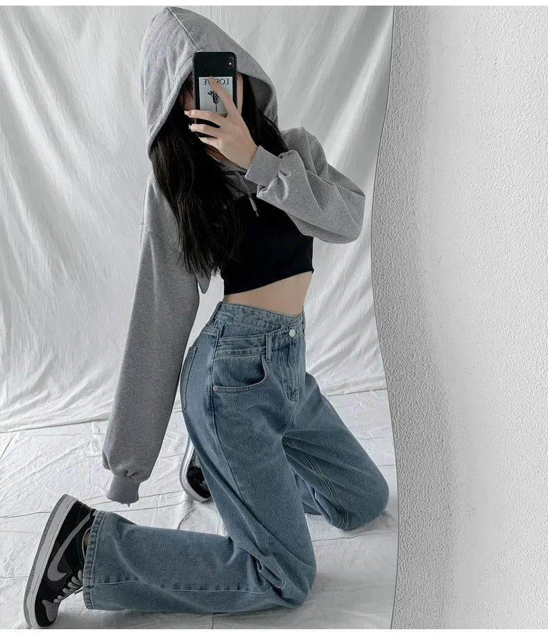 Wide Leg Pants Women Vintage Jeans High Waist Loose Fit Basics Full Length Pockets Button 2025 Casual Denims Straight Trousers