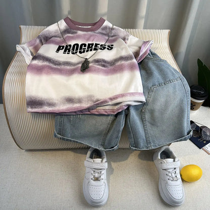 Hot Sale Fashion Baby Boy Suit Summer Clothes Short Sleeve T-shirt Short Jeans 2 Piece Set Kids Outfit 2-11Y Children's Costume