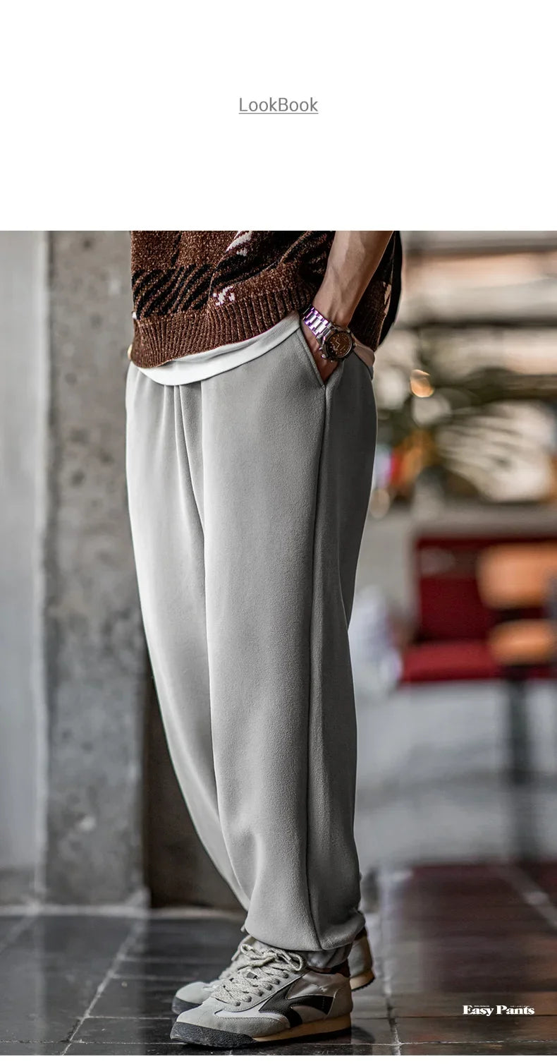 Maden Men's Casual Solid Color Polar Fleece Cuffed Sweatpants Elastic Waist Fleece-lined Pants Warm Sports Straight-leg Trousers