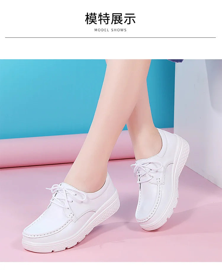 Platform White Shoes Women Casual Comfortable Light Nurse Work Shoes Fashion Slip on Non-slip Loafers Women Genuine Leather Shoe