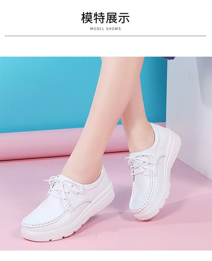 Platform White Shoes Women Casual Comfortable Light Nurse Work Shoes Fashion Slip on Non-slip Loafers Women Genuine Leather Shoe