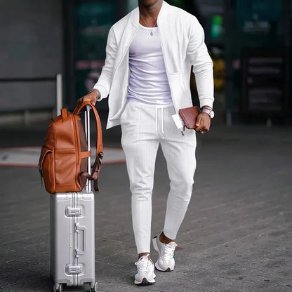 Men's Spring Casual Blazer Set Waffle Baseball Suit round Neck Zipper Long Sleeve Two-Piece Fashion Outfit with Pocket