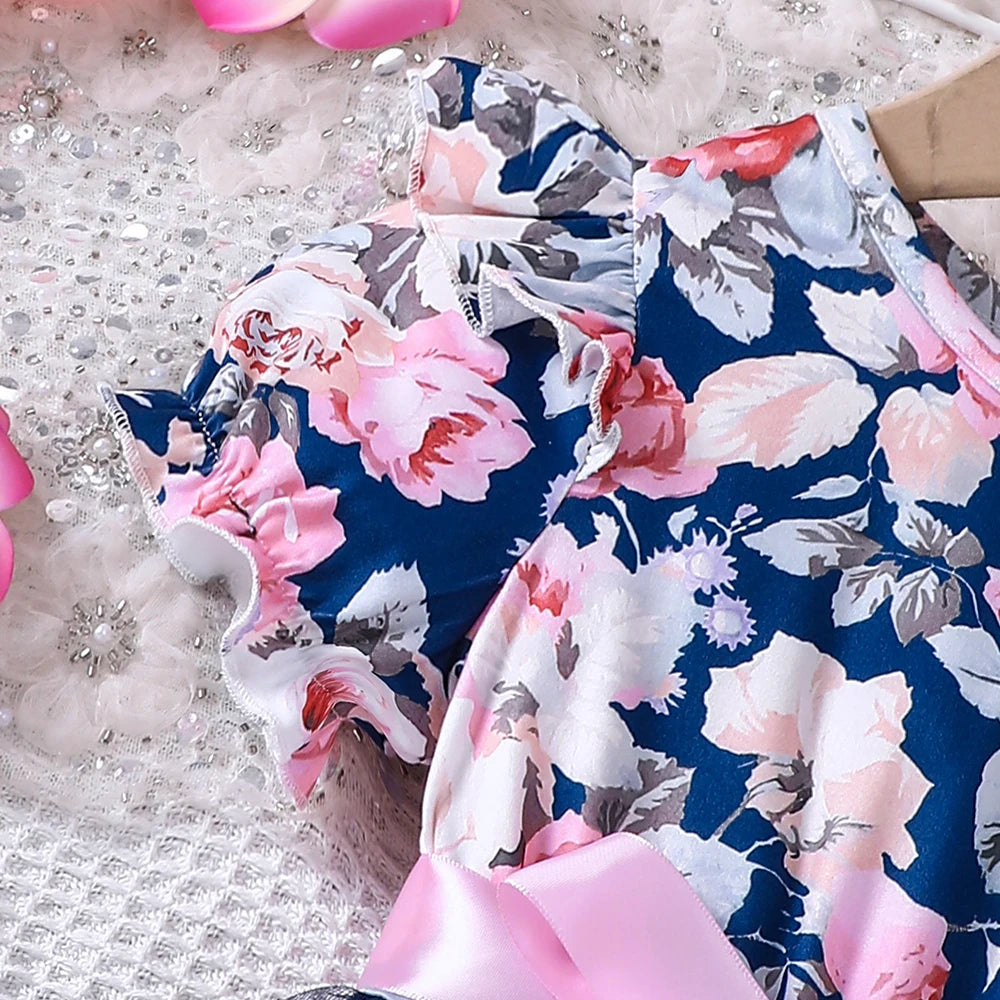 New girls' summer style bubble sleeve flower printed mesh dress