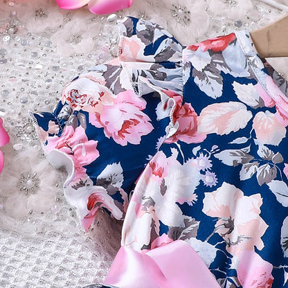 New girls' summer style bubble sleeve flower printed mesh dress