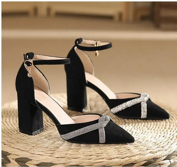 Size 30-44 Chunky Heel Hollow Point Toe High Heels Women Shoes Solid Color Ankle Strap Rhinestone Black Heels
