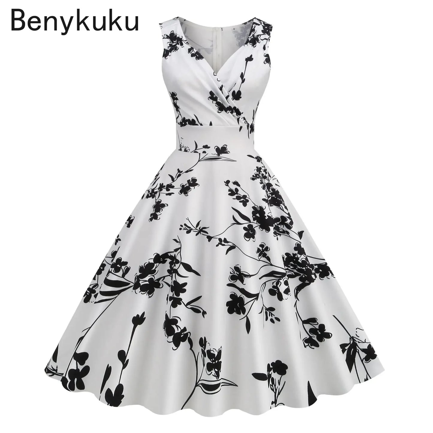Floral Print 1950s 60s Vintage Women Dress Elegant Summer Robe Ladies Sleeveless V Neck A Line Swing Rockabilly Dresses 2025