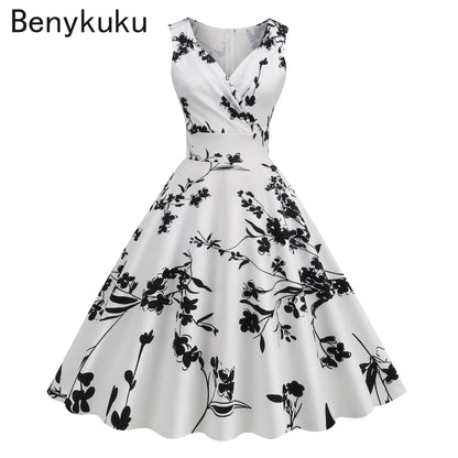 Floral Print 1950s 60s Vintage Women Dress Elegant Summer Robe Ladies Sleeveless V Neck A Line Swing Rockabilly Dresses 2025