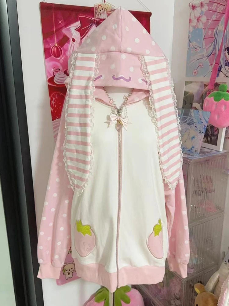Aoaiiys Japanese Hoodies Women Kawaii Rabbit's Ears Loose Outerwear Strawberry Dot Print Aesthetic Sweatshirt Autumn Winter New