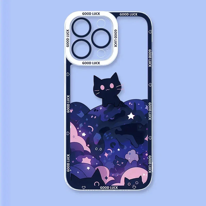 Starry Sky Black Cats Clear Phone Case For iPhone 15 14 13 11 12 16 Pro XS Max Mini XR X SE 7 8 Plus Transparent Cover Fundas