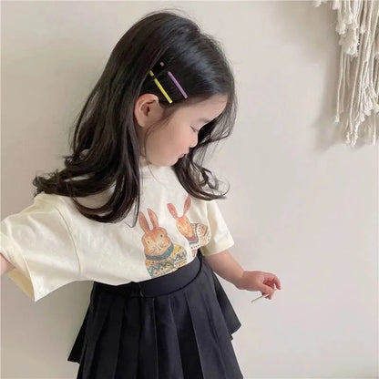 Summer Toddler Baby Girl Solid Cotton Clothes Short Sleeve Cartoon Rabbit Printed T-shirts Kids Leisure Ins Tops Tees