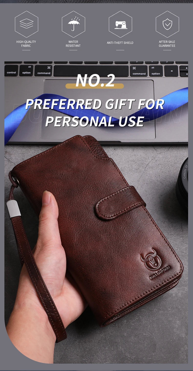 BULLCAPTAIN Men Long Wallet Clutch Bag Credit Card Holder Purses Carteras Billetera Hombre Leather Money Portfe Carte
