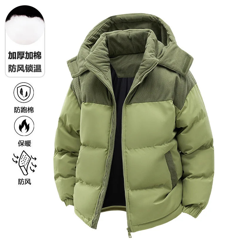 Men's New Winter Cotton Jacket: Fleece-Lined, Thickened for Warmth, with Removable Hood and Stand-Up Collar for Cold Resistance