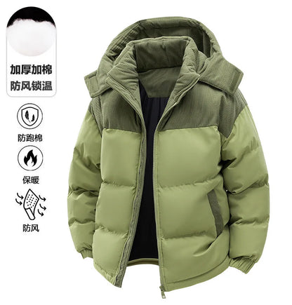 Men's New Winter Cotton Jacket: Fleece-Lined, Thickened for Warmth, with Removable Hood and Stand-Up Collar for Cold Resistance