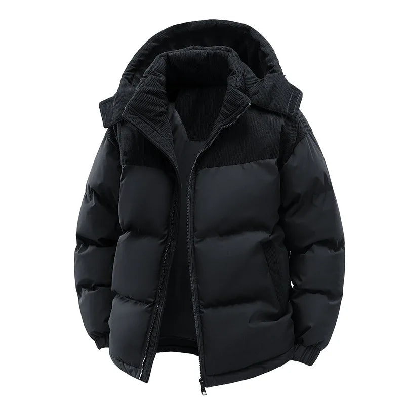 Men's New Winter Cotton Jacket: Fleece-Lined, Thickened for Warmth, with Removable Hood and Stand-Up Collar for Cold Resistance