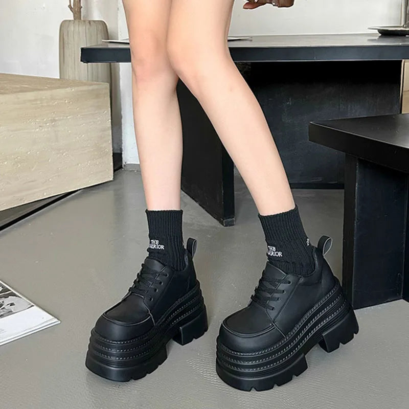 Women Platfrom Pumps Shoes Black Lace-up Leather Female British Style Spring Autumn New Heightening High Heels Mary Jane Loafers