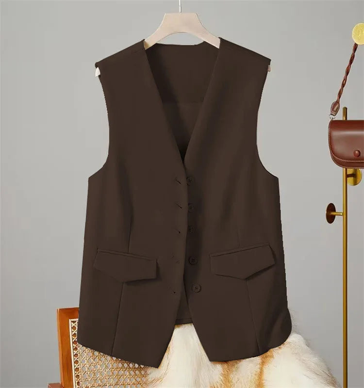 Vest Women Sleeveless Jacket Waistcoat V Neck Single Breasted Tops Outerwear Spring Summer Female 2025 Office Lady Vintage Coat