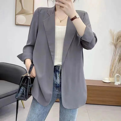 Women Blazer Jacket Cardigan Summer Suit Coat Three Quarter Sleeve Turn Down Collar Office Lady Open Stitch Outerwear 2025