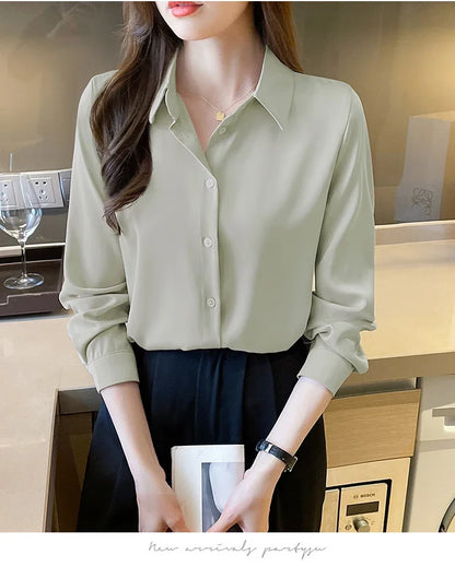 Fashion elegant satin shirts solid color ladies shirts causal Women's Blouses Spring Long Sleeve Shirts Tops Blusas Mujer