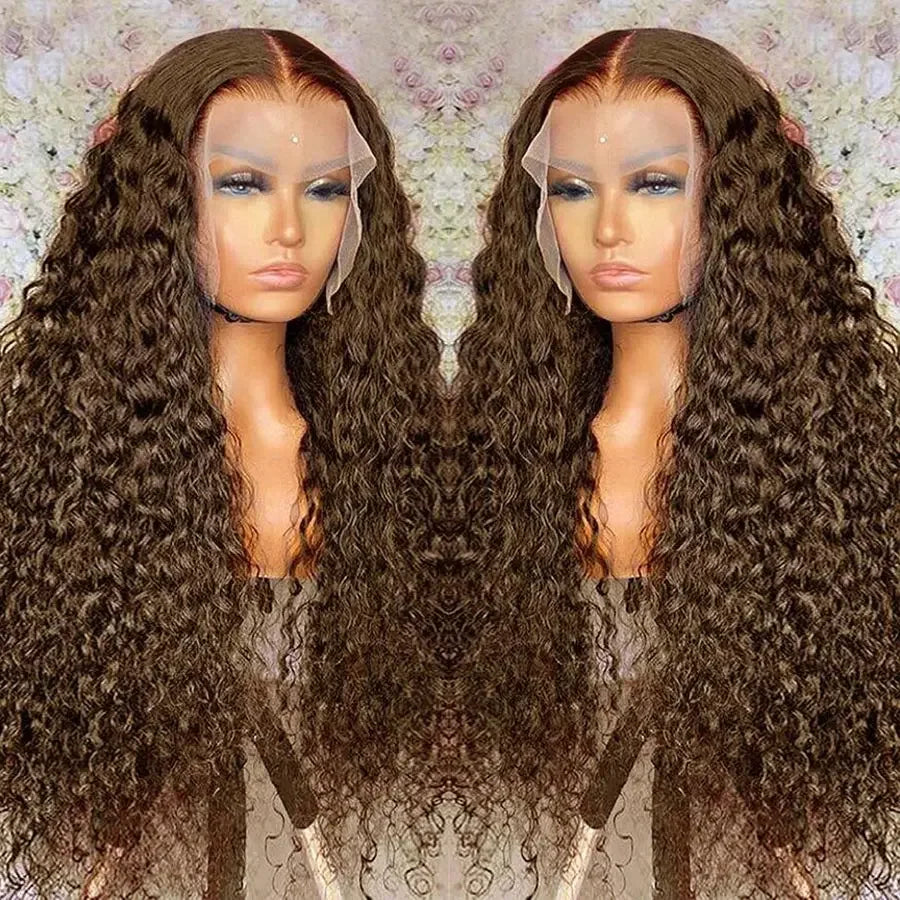 Chocolate Brown 13x6 HD Lace Frontal Wig with 13x4 Curly Deep Wave Human Hair Water Wave Brazilian Style for Women 4x4 Hair