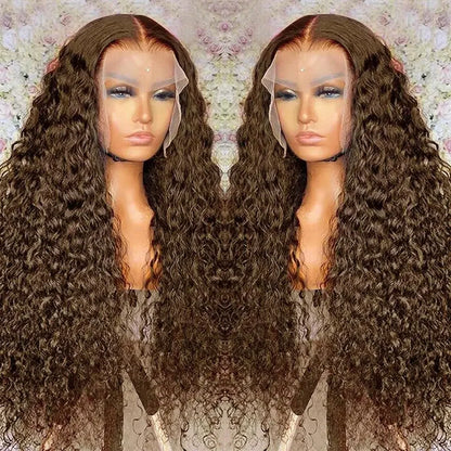 Chocolate Brown 13x6 HD Lace Frontal Wig with 13x4 Curly Deep Wave Human Hair Water Wave Brazilian Style for Women 4x4 Hair