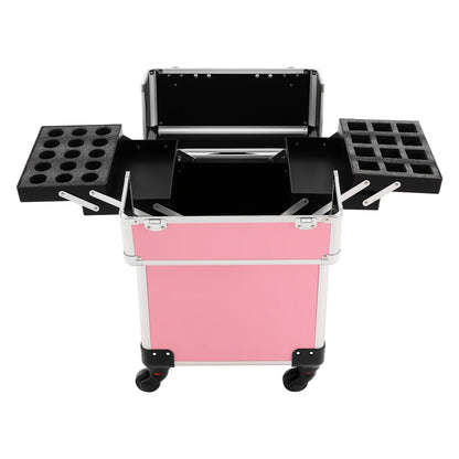 Rolling Makeup Train Case,Cosmetic Trolley with Keys,Hairdressing Travel Case,Large Capacity Trolley Makeup Box,Pink/Black
