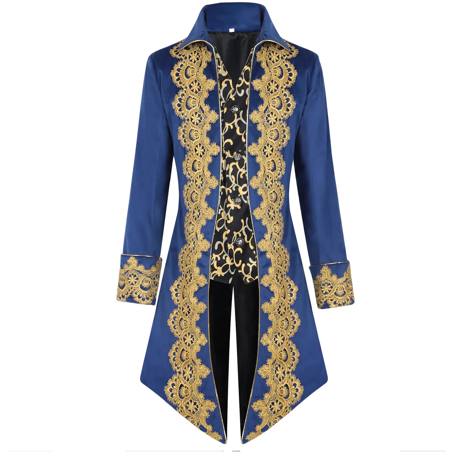 2025 New Blue Lace Tuxedo for Men, Euro- American Medieval Vintage Men's Tailcoat Jacket,medium Length Punk Performance Costume