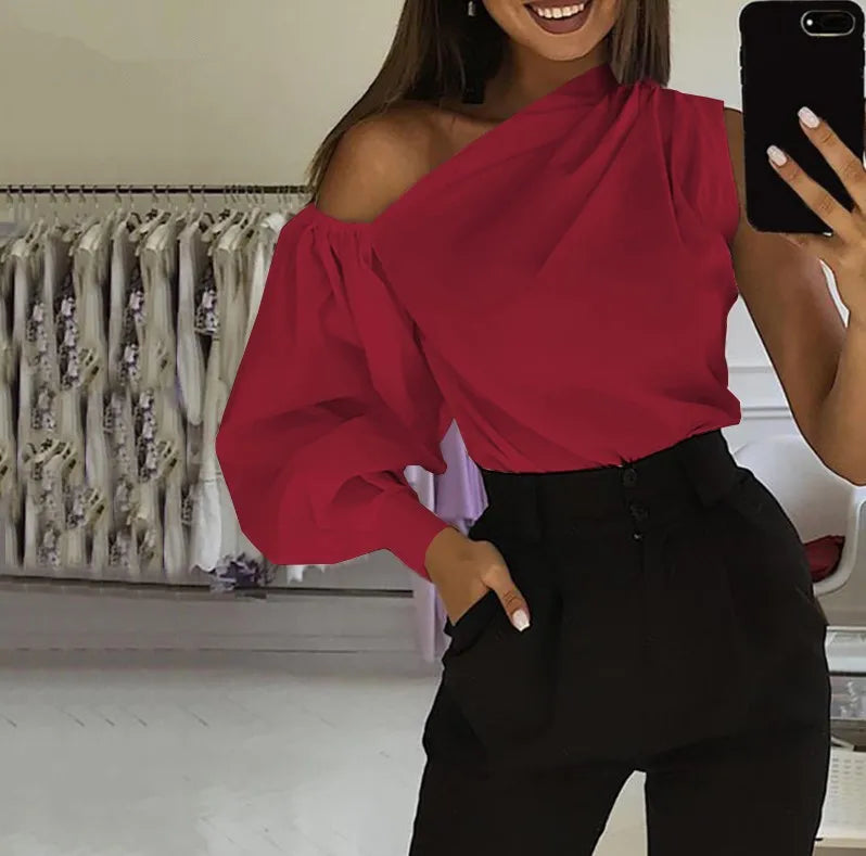 Elegant Blouses Women 2023 Summer Off Shoulder Blusas Female Fashion Lantern Long Sleeve Shirts One Shoulder Tops S-5XL