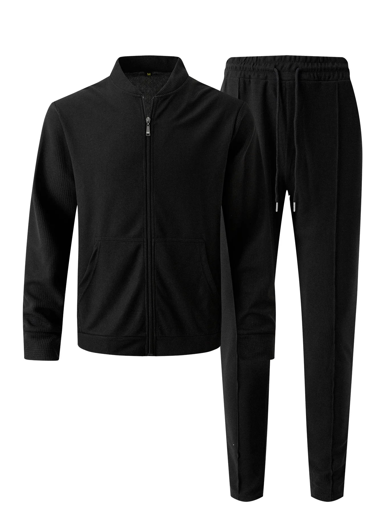 Men's Spring Casual Blazer Set Waffle Baseball Suit round Neck Zipper Long Sleeve Two-Piece Fashion Outfit with Pocket
