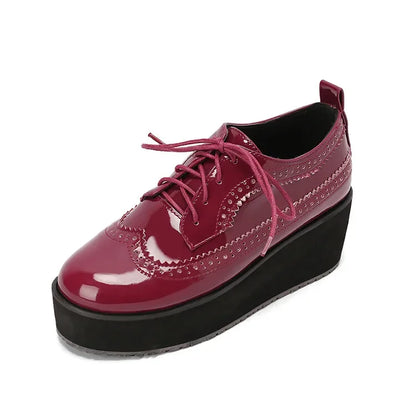 Ochanmeb Big Size 48 Women Patent Leather Brogues High Heels Derby Shoes Platforms Laser Cutout Oxfords Fashion Ladies Pumps Red