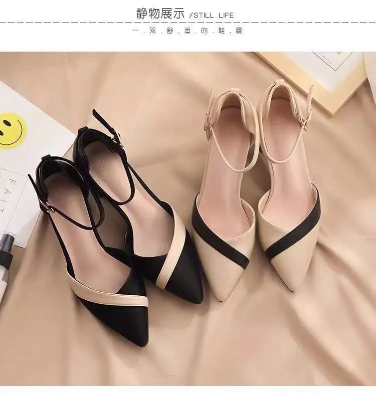 Women's Classic Beige Square Heel Pointed Shoes for Party Ladies Spring Summer Black Buckle PU Leather Profession Pumps