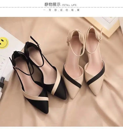 Women's Classic Beige Square Heel Pointed Shoes for Party Ladies Spring Summer Black Buckle PU Leather Profession Pumps