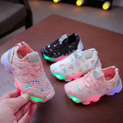 Kid Shoes Children's LED Shining Shoes 2023 Spring New Boys Sports Shoes Girls Elastic Fabric Sequins Casual Shoes Zapatillas
