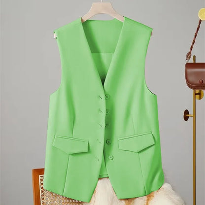 Vest Women Sleeveless Jacket Waistcoat V Neck Single Breasted Tops Outerwear Spring Summer Female 2025 Office Lady Vintage Coat