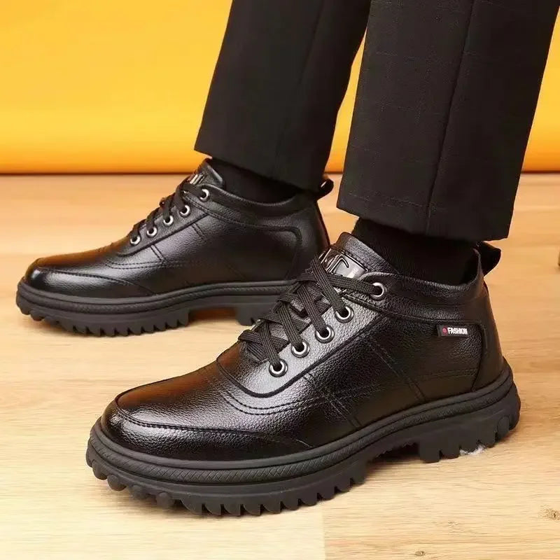 Men's High-Top Cotton Shoes Winter Thickened Fleece Anti-slip Warm Casual Fashion Outdoor Snow Boots Breathable Leather