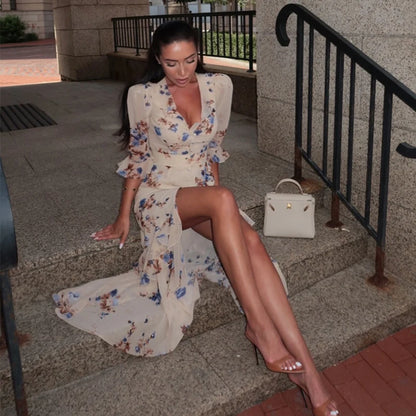 Sexy Print Women Long Dress Urban V-neck Single Breasted Ruffles Half Sleeve Female Dresses 2026 Spring Autumn Lady Robe