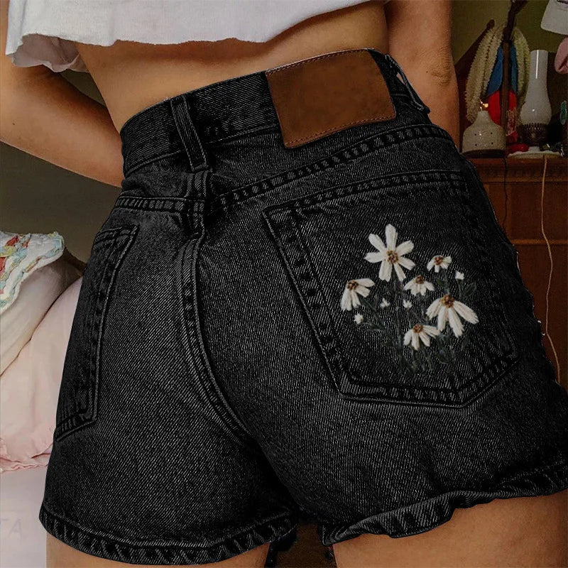 Short Pants Women Jeans Shorts Denim Pant Trousers Embroidery Floral High Waist Casual Regular Pockets Elegant Splice Autumn