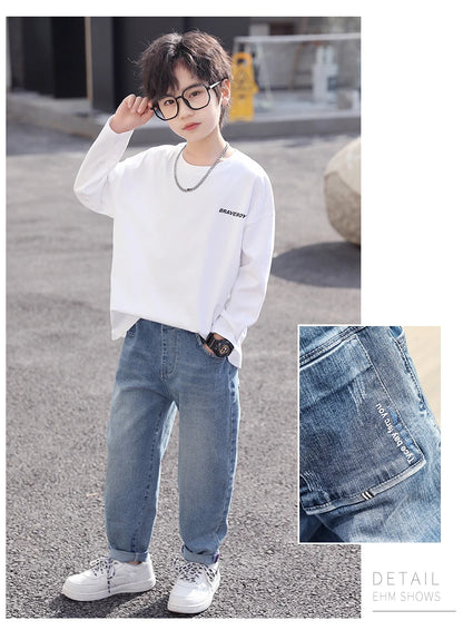 IENENS Spring Light Blue Children's Jeans Boy Denim Trousers Kids Clothes Baby Boys Elastic Waist Pants Slim Jeans For Boy