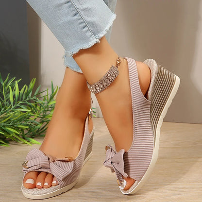 Fashion Bow Knot Thick Bottom Sandals Women Back Strap Wedge Open Toe Sandal Female New Office Ladies Anti-Slip Sandalias Mujer