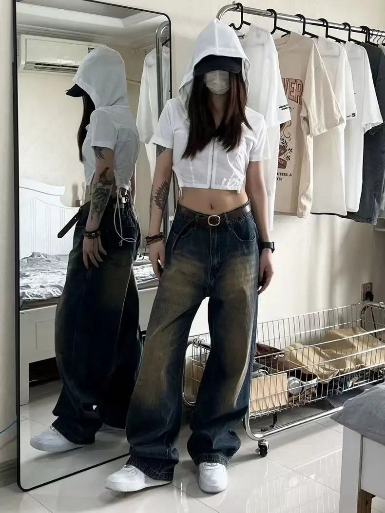 Women Jeans Distressed Full Length Wide Leg Denim Pants Spliced Zipper Fly Vintage Jean Pockets High Street Loose Fit Washed