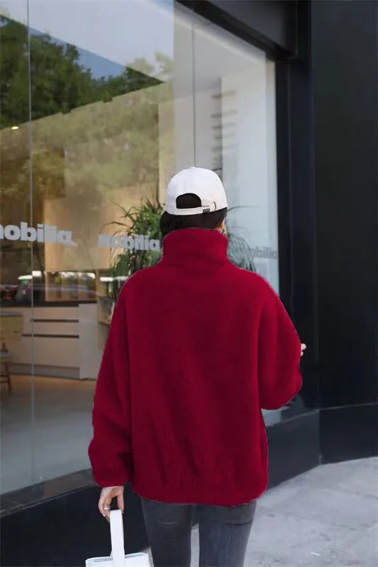 Women Thick Coats Zipper Turtleneck Spliced Long Sleeve Coat Warm Solid Zipper Jackets Outwear Casual Cardigan Lady Winter 2024