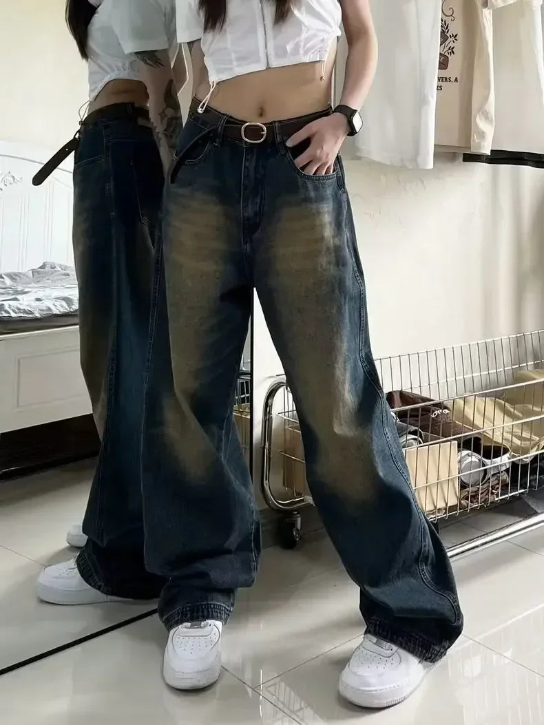 Women Jeans Distressed Full Length Wide Leg Denim Pants Spliced Zipper Fly Vintage Jean Pockets High Street Loose Fit Washed