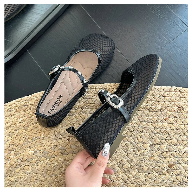 Mesh Breathable Flat Mary Jane Shoes Women Fashion Square Toe Soft Bottom Sandals Comfort Buckle Designer Ballet Shoe for Ladies