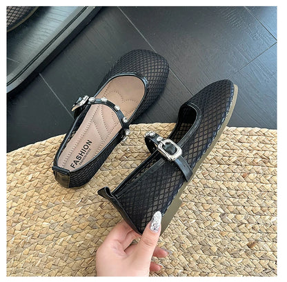 Mesh Breathable Flat Mary Jane Shoes Women Fashion Square Toe Soft Bottom Sandals Comfort Buckle Designer Ballet Shoe for Ladies
