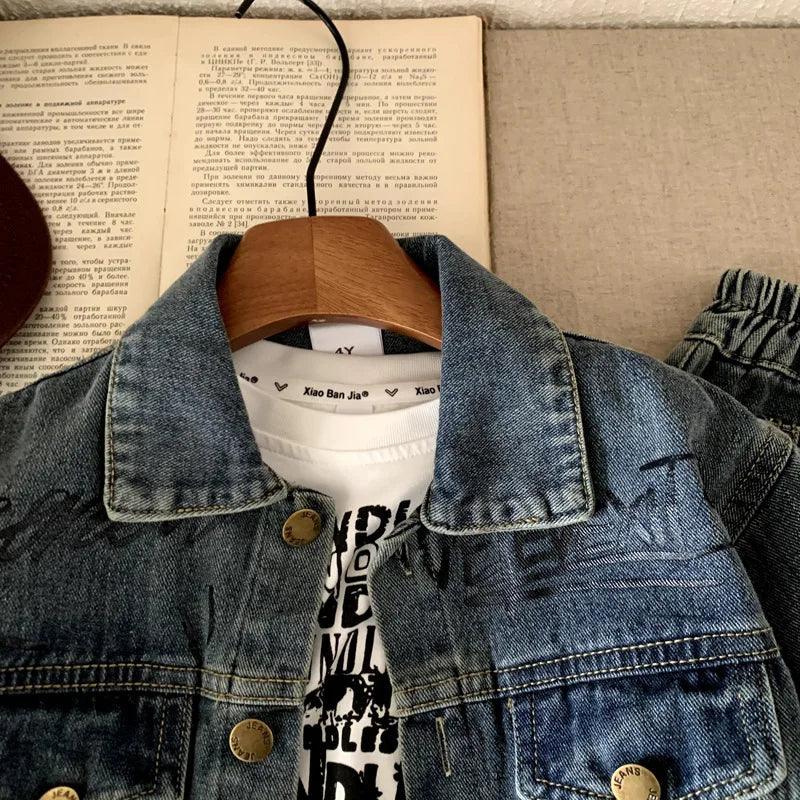 Boys Denim  Set 2025 Autumn Spring Korean Style Kids Clothes Fashion Trendy Letter Print Denim Jacket Jeans Two Piece Set