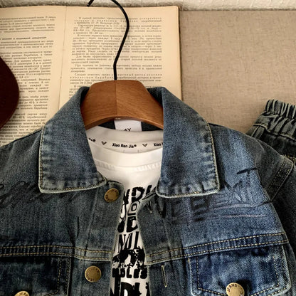 Boys Denim  Set 2025 Autumn Spring Korean Style Kids Clothes Fashion Trendy Letter Print Denim Jacket Jeans Two Piece Set