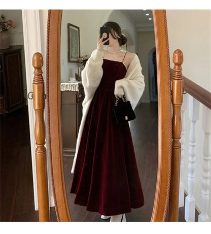 Velvet Dress Hepburn Long Skirt Women Clothing Party Dresses Vestido Dress